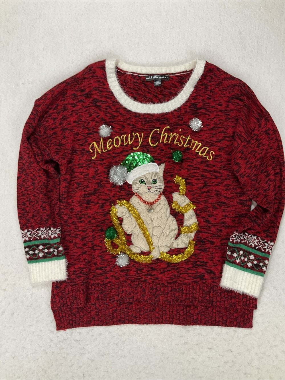Meowy Christmas 3D Christmas Cat Sweater Crewneck Poms Metallic Appliqué Size XL